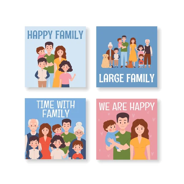 Familias Grandes Felices Conjunto Carteles Ilustración Vectorial Plana Retratos Familias — Vector de stock
