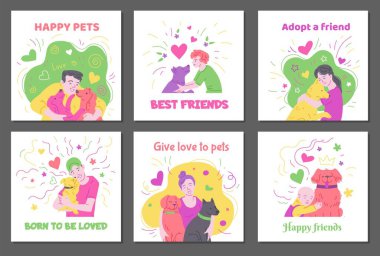 Set of banners and cards with animals and their owners, flat vector illustration on white background. Cards or posters for pets adoption and veterinary. clipart
