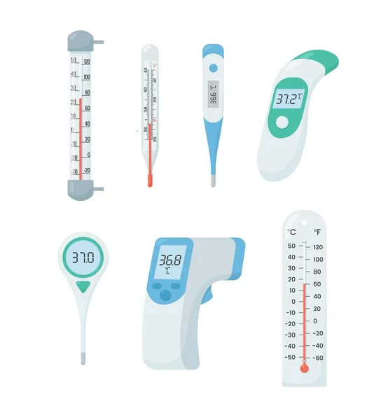 测量人体和空气温度的医用和家用温度计图标 白色背景下分离的平面矢量图片集 — 图库矢量图片