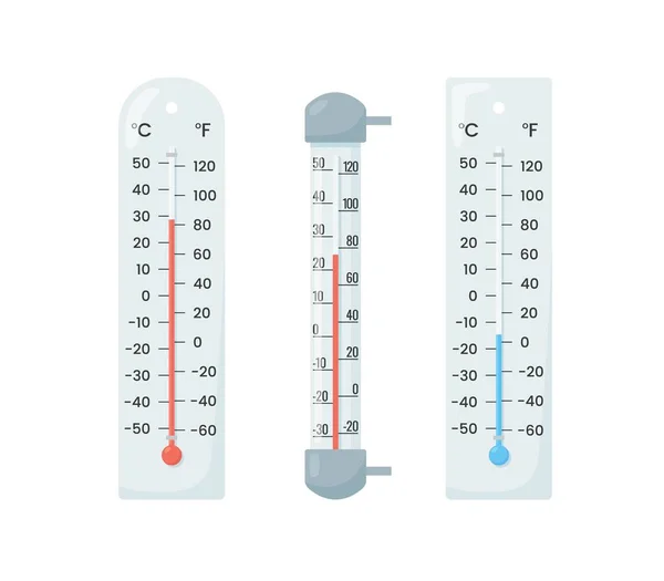 Klassiska Termometrar För Lufttemperatur Mätning Platt Stil Vektor Illustration Isolerad — Stock vektor