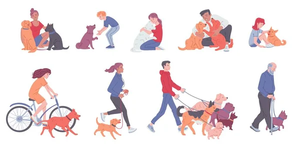 不同的人拥抱着狗和走来走去的宠物 一组白色背景的平面矢量图片集 快乐的成年人和小孩与狗玩耍 带小狗的慢跑和骑自行车 — 图库矢量图片