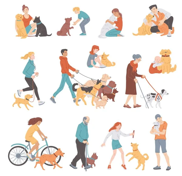 一群人走着 玩耍着 抱着他们的狗 白色背景上孤立的扁平的矢量图解 成年人和小孩抱着狗 服务狗帮助老年妇女 男人当宠物保姆 — 图库矢量图片