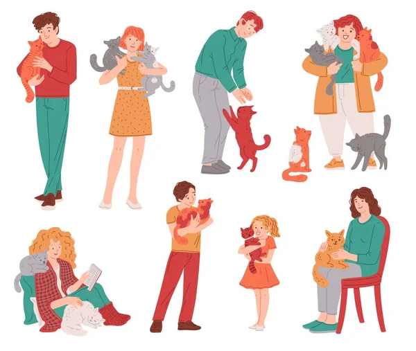 stock vector Set of diverse people hugging and cuddling cats, cartoon flat vector illustration isolated on white background. Adults and children playing with kittens. Pet owning and adoption concepts.