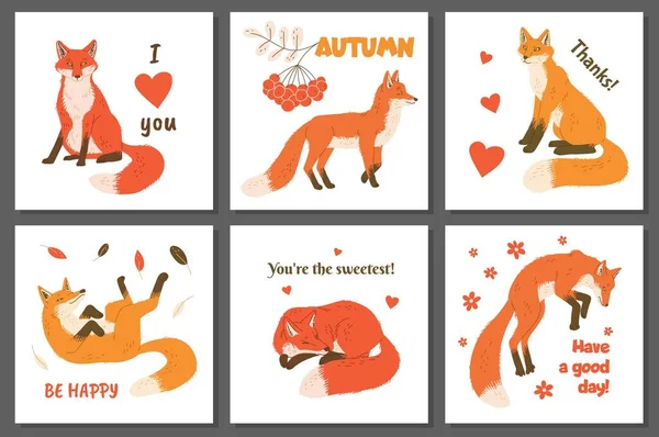 Set Postcards Funny Foxes Flat Style Vector Illustration Isolated Gray — Stock Vector