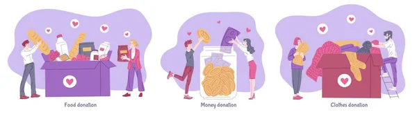 Набор Сцен Людьми Зарабатывающими Деньги Одеждой Пожертвованиями Еды Плоским Стилем — стоковый вектор