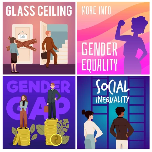 Posters Set Concepts Gender Gap Social Inequality Glass Ceiling Flat — Stock Vector