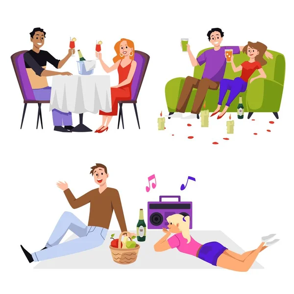 一组快乐的夫妇有浪漫的晚餐 平面矢量插图孤立的白色背景 恋爱中的人在餐馆 野餐或家里庆祝结婚周年纪念日或情人节 — 图库矢量图片