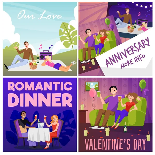 ロマンチックなディナーで愛を祝う幸せなカップルのポスターのセット フラットベクトルイラスト 記念日やバレンタインデーを祝う多様な人々 ロマンチックなピクニックと娯楽 — ストックベクタ