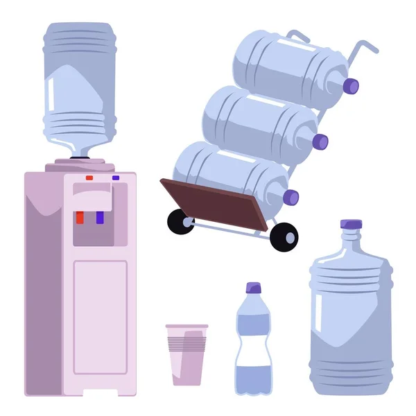 送水服务元素 卡通平面矢量图解分离在白色背景上 饮水机 塑料杯和瓶子上的一加仑纯净水 — 图库矢量图片