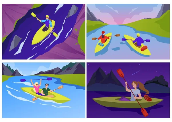 Kajak Abenteuer Banner Und Karten Mit Touristen Kajak Oder Kanu — Stockvektor