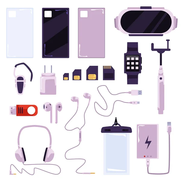 Set Accessori Smartphone Illustrazione Vettoriale Piatta Del Cartone Animato Isolata — Vettoriale Stock