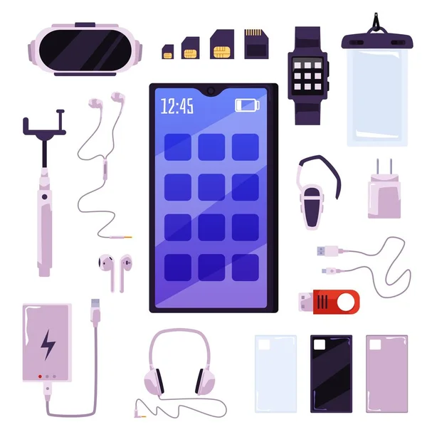 Zestaw Akcesoriów Smartphone Urządzenia Telefonu Komórkowego Płaski Wektor Ilustracji Izolowane — Wektor stockowy