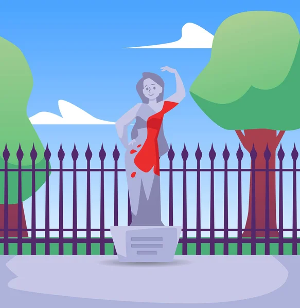 Bela Estátua Mulher Pedestal Parque Coberto Tinta Vermelha Estilo Plano — Vetor de Stock