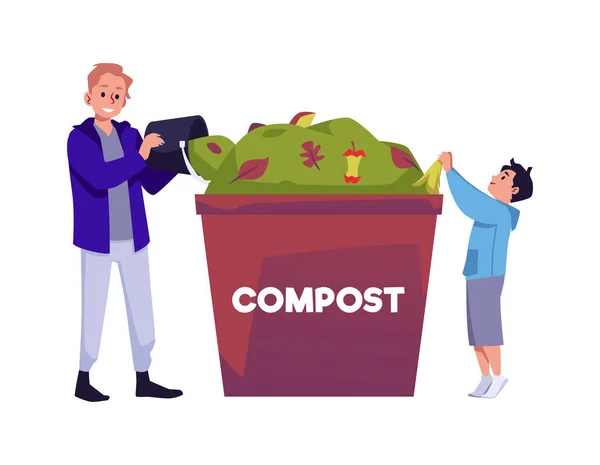 Mężczyzna Chłopcem Wyrzuca Organiczne Jedzenie Kosza Kompost Ilustracja Wektora Odizolowana — Wektor stockowy