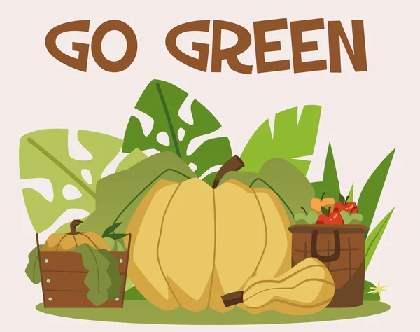 Перейти Зеленый Вегетарианский Экологически Чистые Баннер Плакат Социальной Сети Шаблон — стоковый вектор