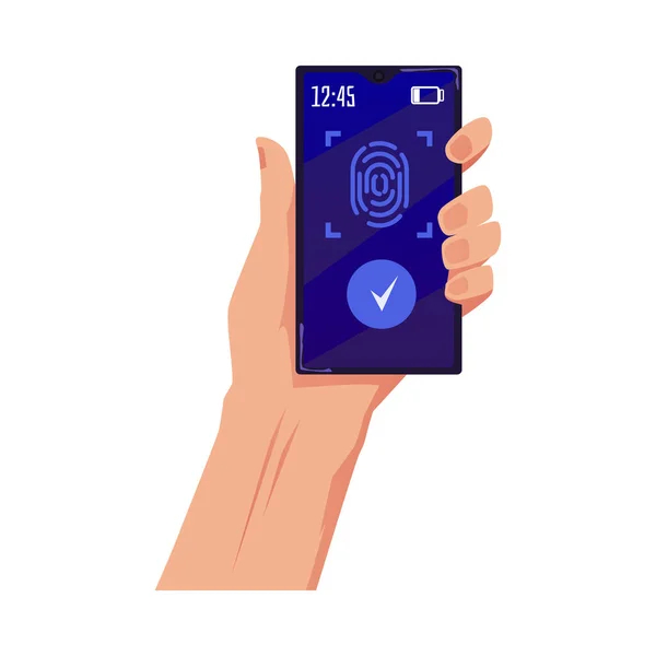 Hand Mobiele Telefoon Toont Het Autorisatieprogramma Door Vingerafdrukscanner Gebruikers Authenticatie — Stockvector