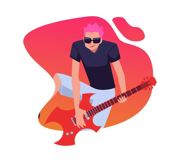 Mor Saçlı Güneş Gözlüklü Zıplayan Sahnede Gitar Çalan Çılgın Rock — Stok Vektör