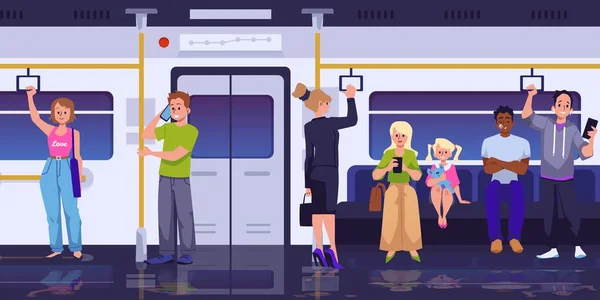Metroda Metroda Metroda Otobüste Insanlar Ayakta Oturuyor Bakıyor Telefonla Konuşuyor — Stok Vektör