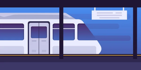 地下鉄ホームに到着する地下鉄列車のベクトルイラスト 自動ドア付き地下鉄の列車 地下鉄への高速地下輸送トンネルを残します 公共交通機関 — ストックベクタ