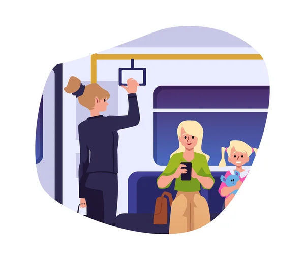 站在地铁里的人 地铁里的人 公共汽车里的人 拿着把手 金发女人坐着 看着电话 笑着拿着玩具的女孩 用白色背景隔离的矢量说明 — 图库矢量图片