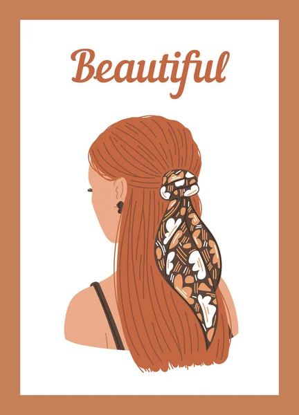 病媒隔离的图片优雅的发型的妇女与长长的棕色头发和头巾与图案 后视镜 从后面看 白色相框美容美发沙龙概念 — 图库矢量图片