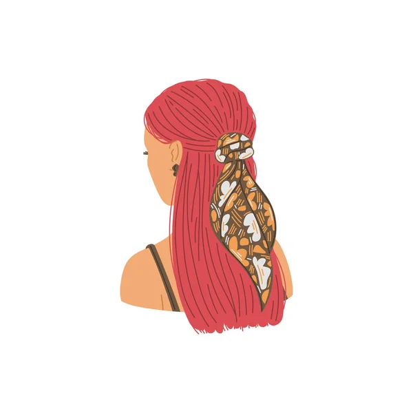 ベクトル隔離された女の子の優雅さの髪型のイラスト 長い茶色 赤い髪とパターンを持つスカーフを持つ女性 後ろから見てくれ 白をコンセプトにした美容室 — ストックベクタ
