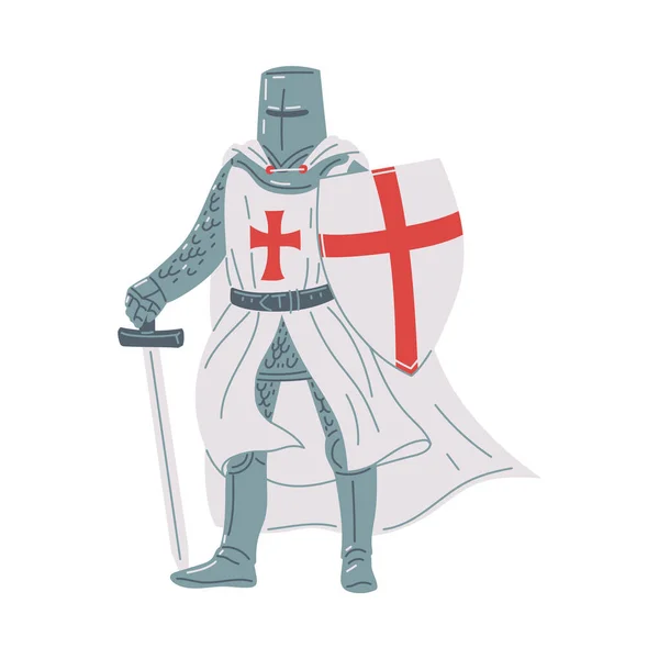 中世纪骑士身穿白色斗篷 身穿盔甲 手里拿着剑和带着红十字的盾牌 头上戴着头盔的矢量图 卡通人物的中世纪概念 孤立于白人之上 — 图库矢量图片