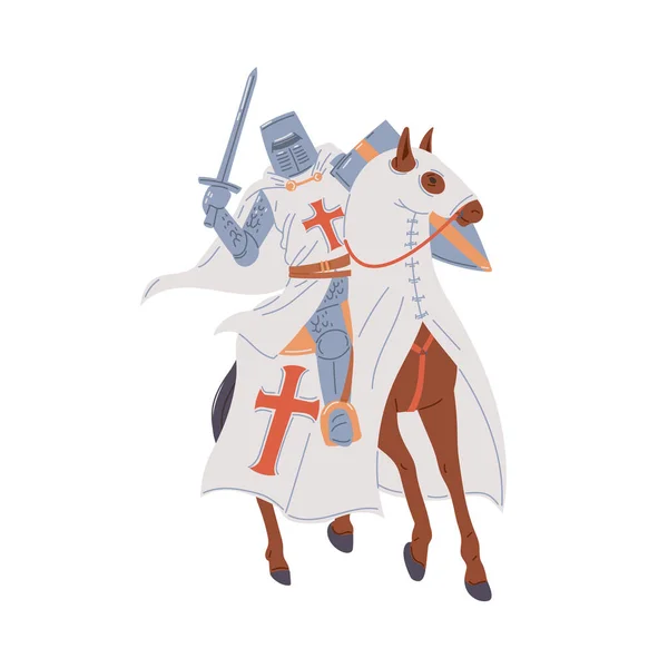 Beyaz Pelerinli Bir Ortaçağ Şövalyesinin Temsilcisi Zırh Miğfer Kılıç Kuşanmış — Stok Vektör