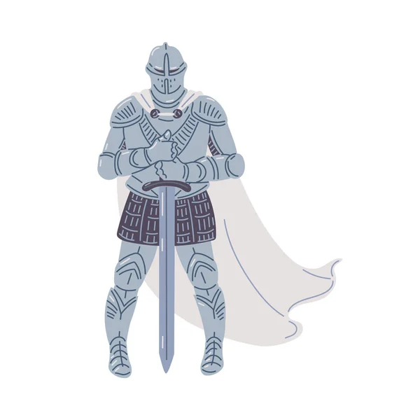 Διάνυσμα Απεικόνιση Του Μεσαιωνικού Ιππότη Λευκή Κάπα Φορώντας Πανοπλία Σπαθί — Διανυσματικό Αρχείο
