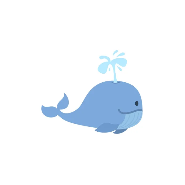 可爱的鲸鱼飞溅的水 卡通平面矢量图形孤立在白色的背景 快乐幼稚的动物性格 海洋哺乳动物游泳 — 图库矢量图片