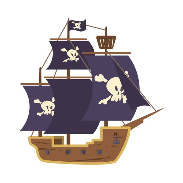 黒帆フラットスタイルと大きな海賊船 白い背景に隔離されたベクトルイラスト 水輸送 子供っぽい装飾的なデザイン要素 頭蓋骨と骨 — ストックベクタ