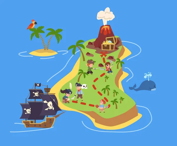 Карта Сокровищ Острове Вулканом Дети Пираты Ищут Сундук Золотом Рисунок — стоковый вектор