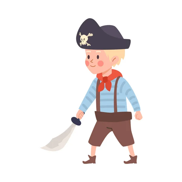 Мальчик Играющий Пиратов Шляпе Перекрестными Костями Мечом Руках Плоский Рисунок — стоковый вектор