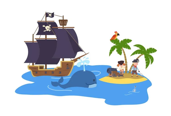Crianças Piratas Deixando Navio Para Ilha Desenho Animado Ilustração Vetorial — Vetor de Stock
