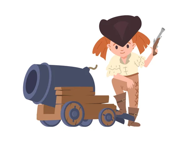 Nettes Kind Piratenkostüm Mit Waffe Der Hand Steht Mit Einem — Stockvektor