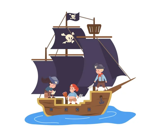 Piratenschip Zeilboot Met Kinderen Spelen Buccaneers Filibusters Piraten Corsair Zee — Stockvector