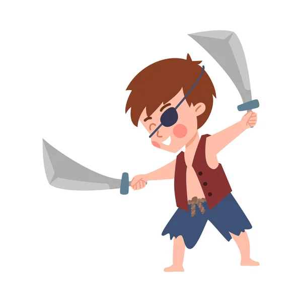 Kind Spielt Pirat Mit Schwarzer Augenklappe Und Hält Schwerter Flache — Stockvektor