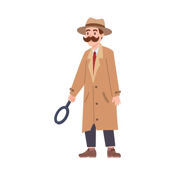 病媒用放大镜孤立地描绘出一个留着胡子 戴着帽子的男人 侦探装束设置为白色背景 私营侦探社 — 图库矢量图片