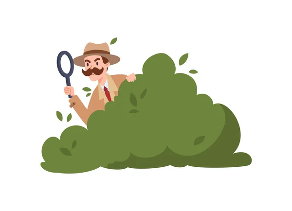 Curious Detective Hiding Bushes Looking Magnifier Flat Vector Illustration Isolated — Stock Vector