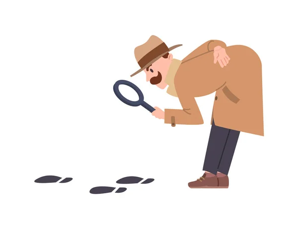 stock vector Curious detective looking at footprints through magnifier, flat vector illustration isolated on white background. Cartoon character of private detective in hat and trench. Criminal investigation.