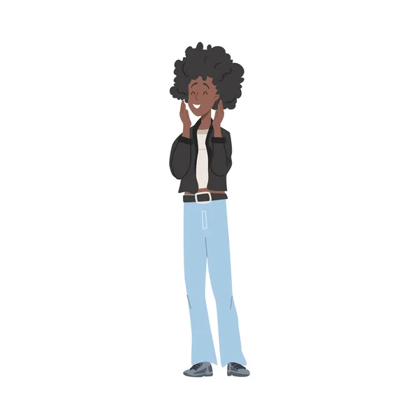 Vector Illustration Pretty Dark Skin Woman Rily Hair Jacket Jeans — Vector de stock
