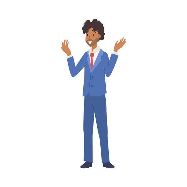Vector Illustration Eines Dunkelhäutigen Mannes Einem Blauen Business Anzug Mit — Stockvektor