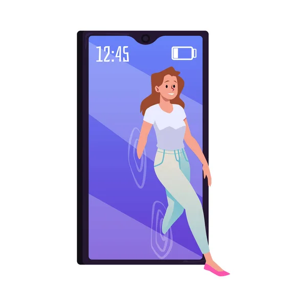 Jeune Personnage Féminin Sortant Écran Géant Téléphone Mobile Limite Temps — Image vectorielle