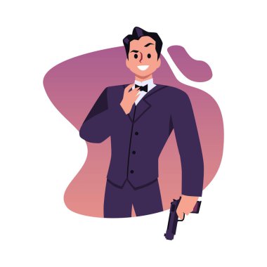 Special secret agent in tuxedo armed with a pistol, flat vector illustration isolated on white background. Special agent male character at decorative backdrop. clipart