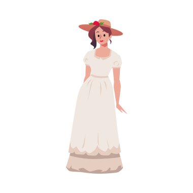 Viktorya tarzı düz giyinmiş hoş genç bir kadın. Beyaz arka planda izole edilmiş vektör çizimi. Dekoratif tasarım unsuru, tarihi dönem kostümü, çiçekli güzel bir kadın.