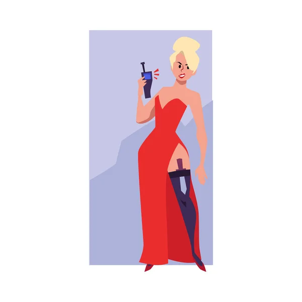 Beautiful Blonde Woman Red Dress Holding Walkie Talkie Flat Style — Stock Vector
