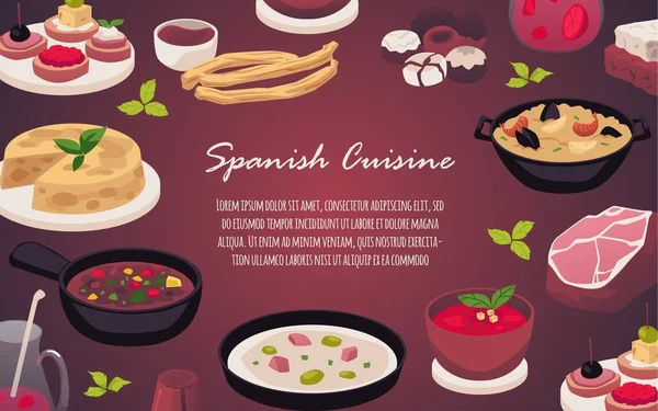 Banner Spanish Cuisine Flat Style Vector Illustration Різні Іспанські Страви — стоковий вектор