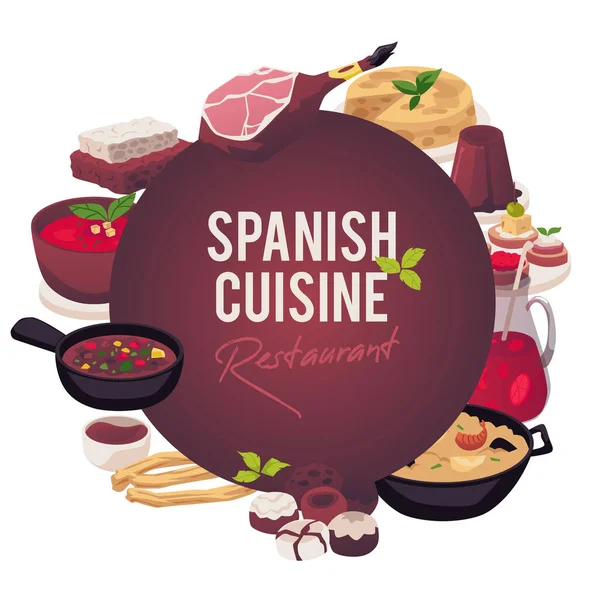 異なるスペイン料理の料理フラットスタイル 白い背景に隔離されたベクトルイラスト 丸みを帯びた形 様々な伝統的なスペイン料理 シーフードのパエリア デザート サングリア — ストックベクタ