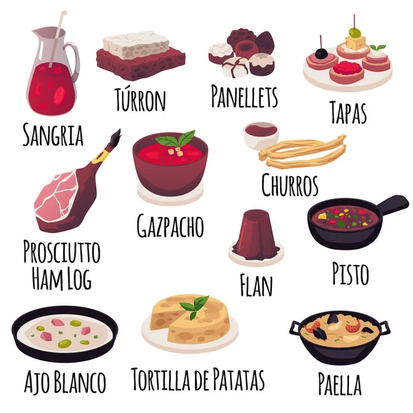 Вектор Створив Ілюстрації Національної Іспанської Кухні Назвами Pisto Panellets Sangria — стоковий вектор