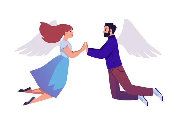 Пара Влюбленных Летают Крыльях Векторной Иллюстрации Счастья Девушка Длинными Волосами — стоковый вектор